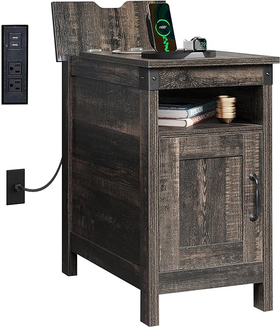 Narrow End Table with Charging Station, Narrow Side Table for Living Room