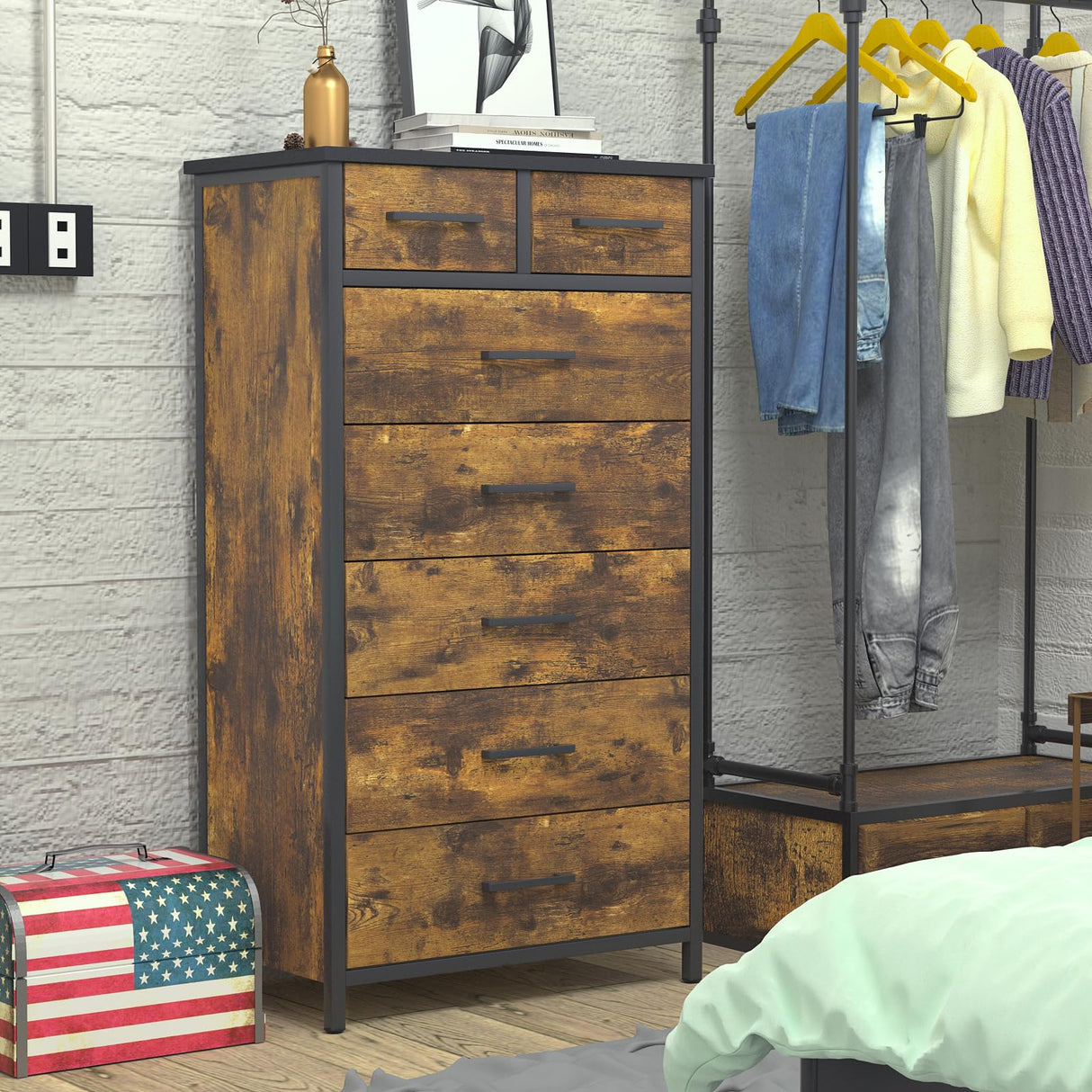 7 Drawer Wood Dresser, Industrial Wood Storage Dresser Clothes Organizer