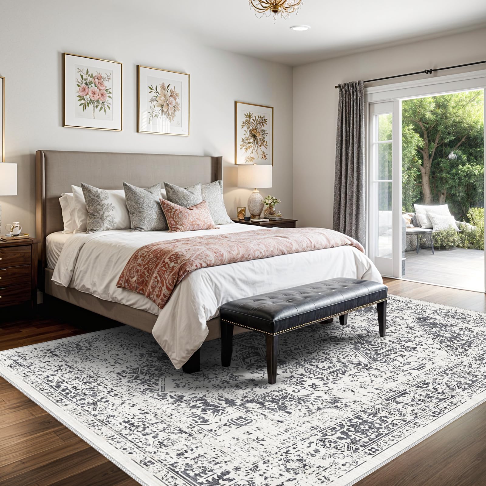 Retro 8x10 Area Rug - Vintage Washable Rug for Living Room with Non-Slip