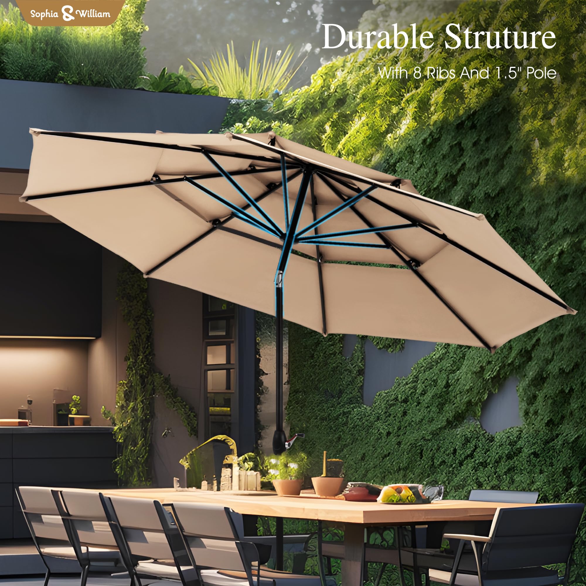 Sophia & William 10ft 3 Tier Auto-tilt Patio Umbrella, Outdoor Double Vented Umbrella with Crank, Beige
