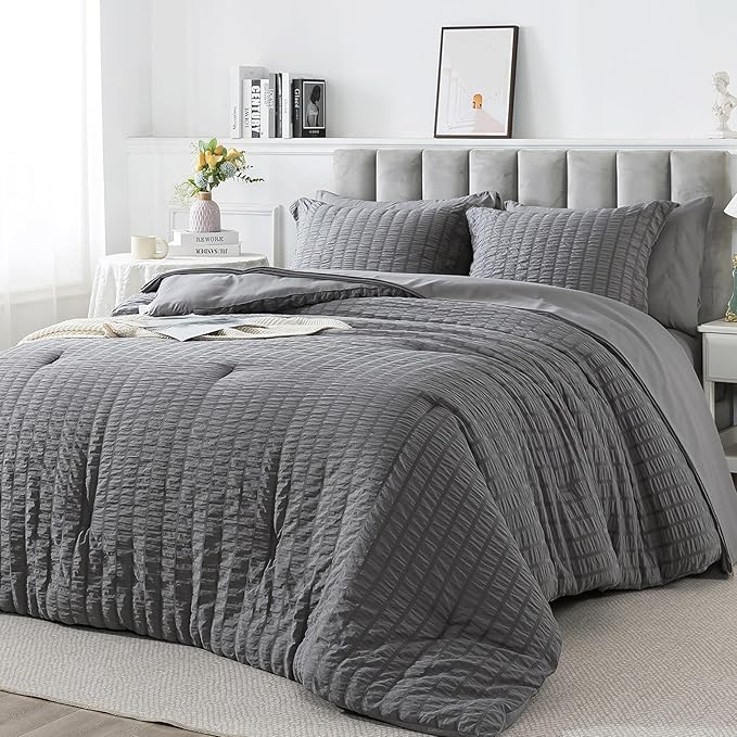 Queen Size Seersucker Comforter Set - 7 Pieces Reversible Comforters Bedding Sets