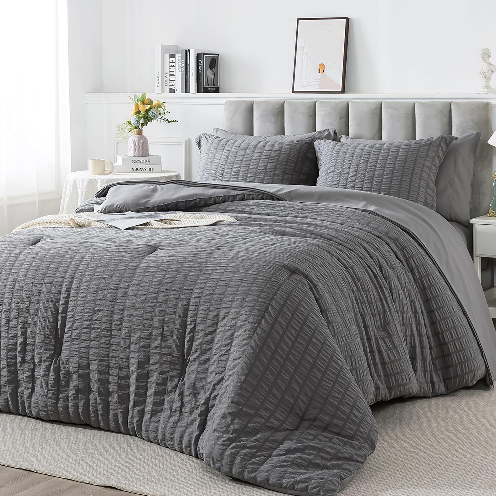 Queen Size Seersucker Comforter Set - 7 Pieces Reversible Comforters Bedding Sets
