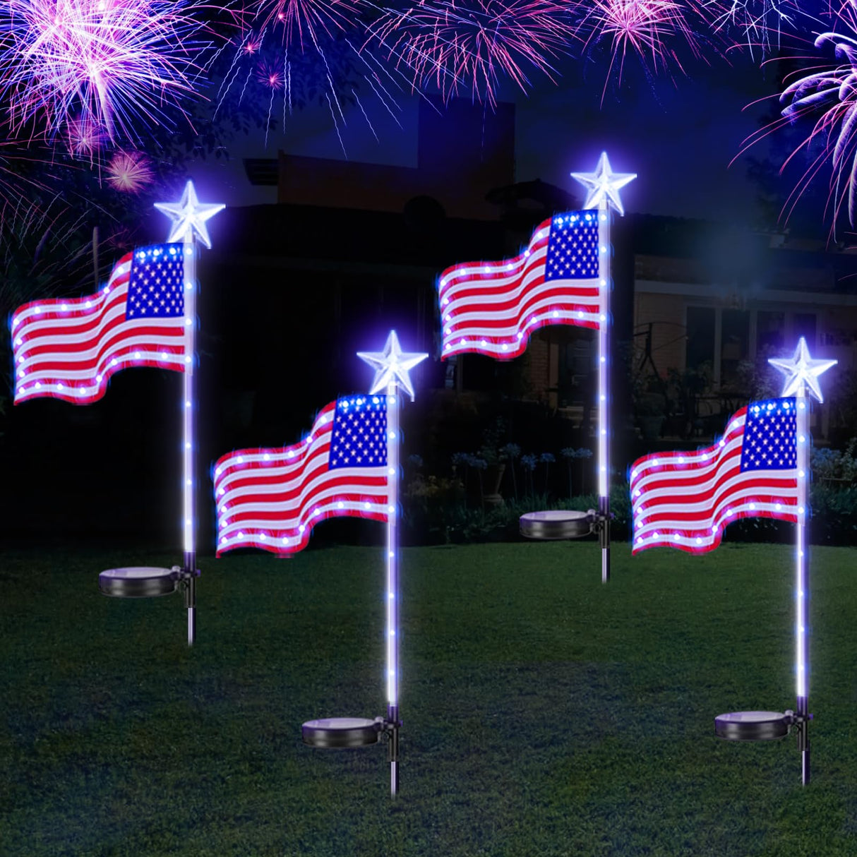 4th of July Decorations Outdoor Solar Lights, Upgraded 4 Pack American Flag