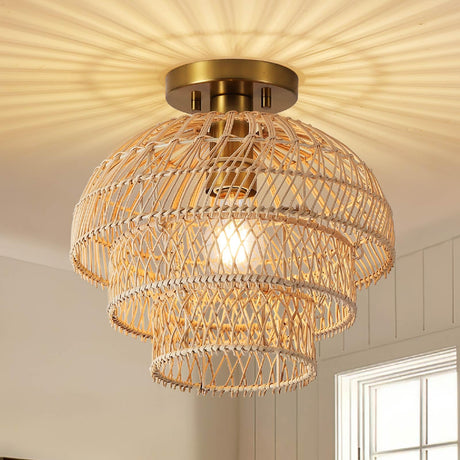 12'' Rattan Ceiling Light Fixtures Boho Chandelier Rattan Semi Flush Mount Ceiling Light