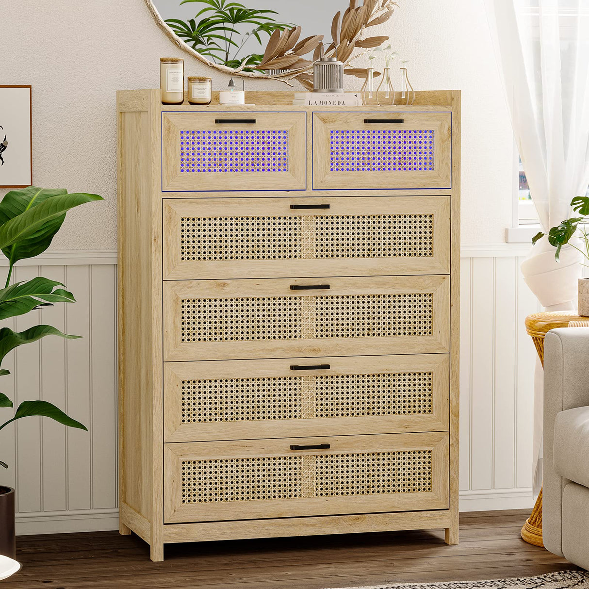 6 Drawer Dresser for Bedroom, Rattan Chest of Drawers with LED Lights, Wood Storage