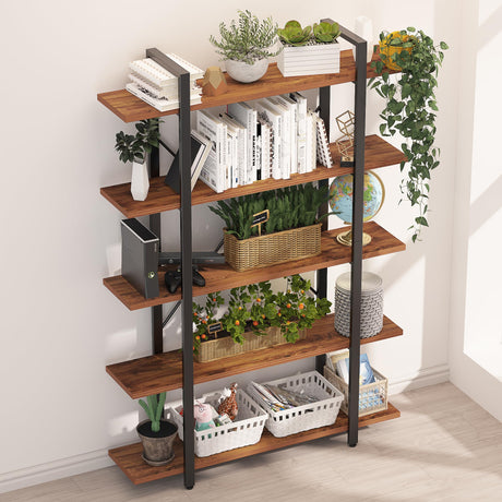 Wood and Metal Minimalist 5 Tier Bookshelf, 6 feet Tall Open Rustic Wide Bookcase