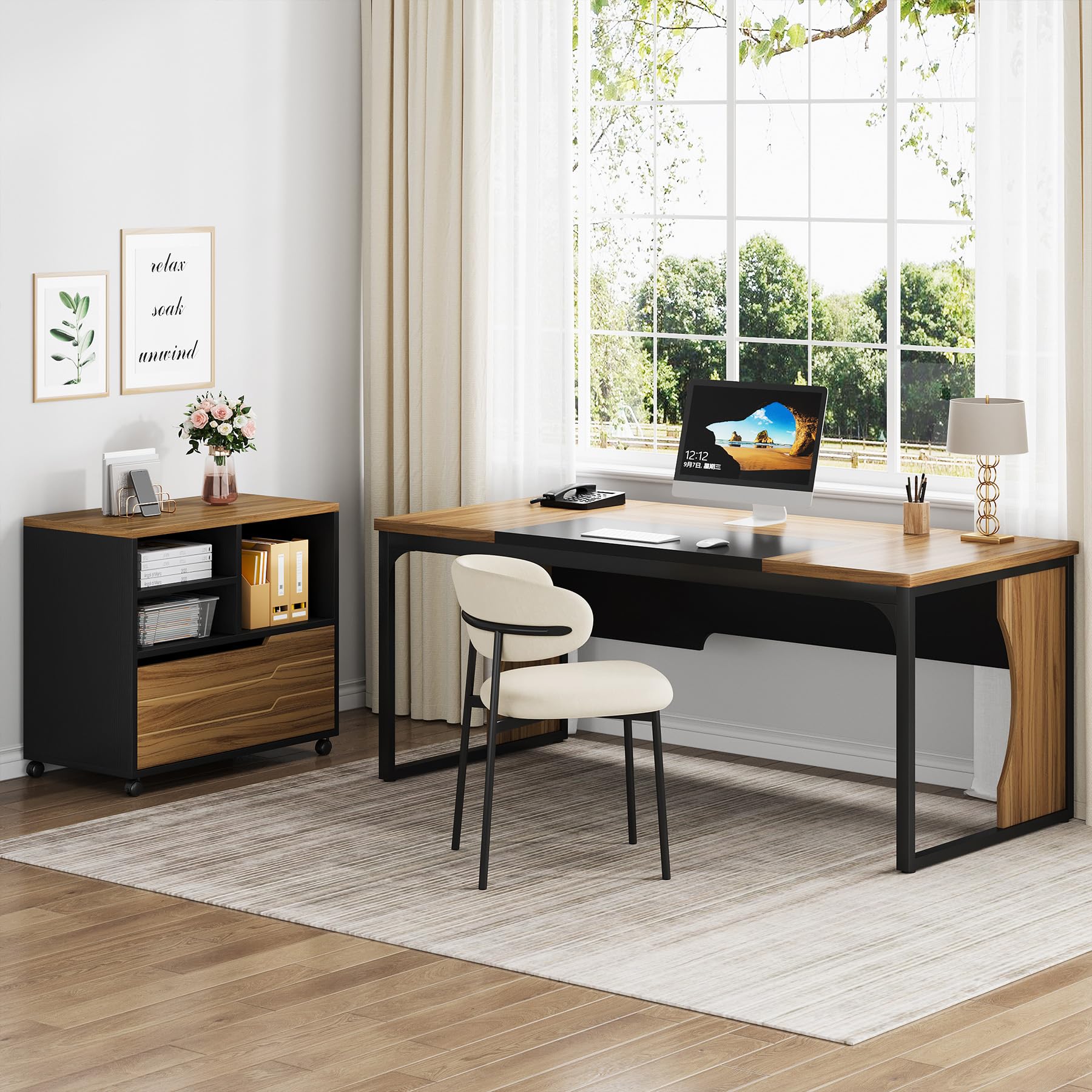 L-Shaped Executive Computer Desk with Mobile File Cabinet, 63 inch Large Office Table