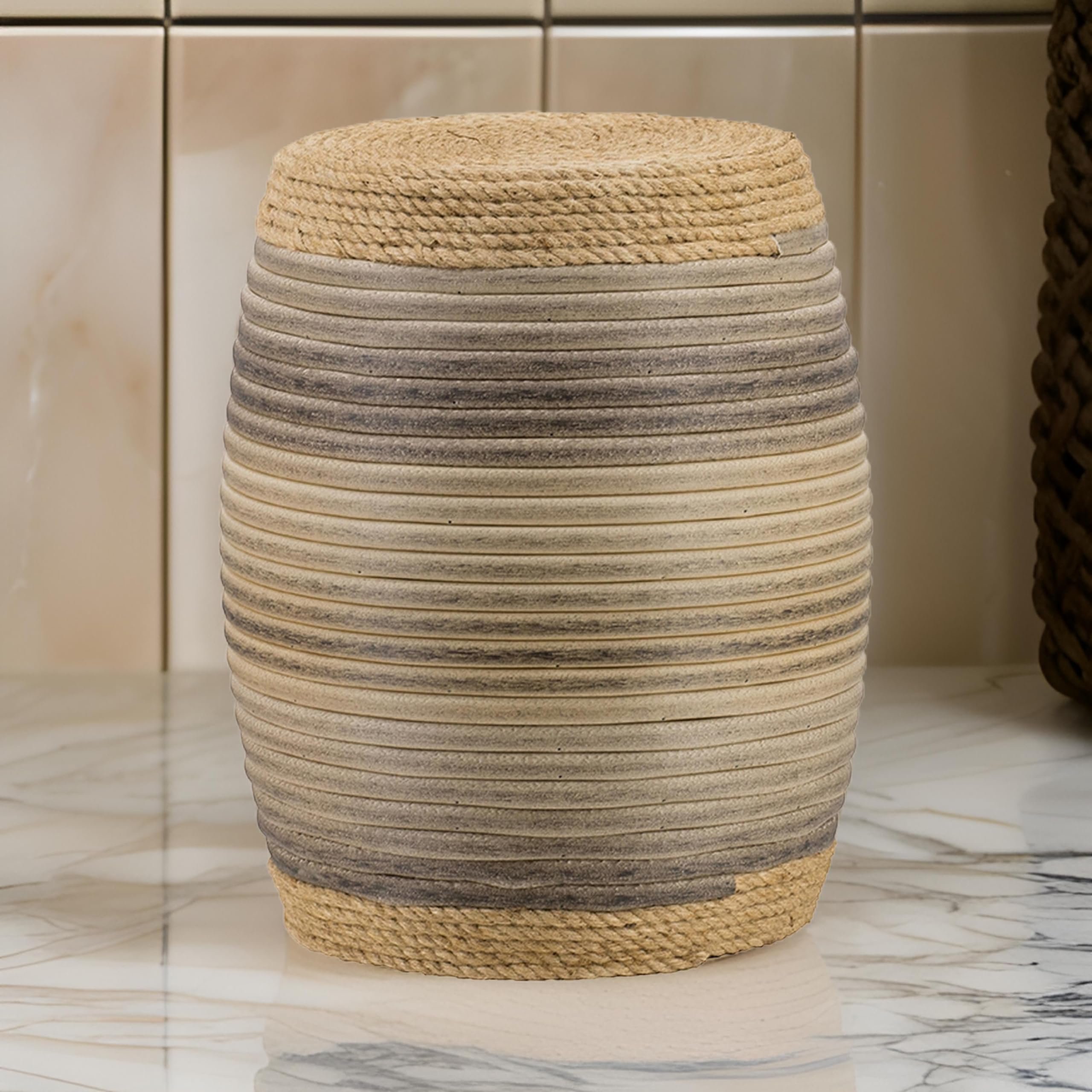 Benjara 18 Inch Side Table, Drum Barrel Shape, Rattan Rope Top