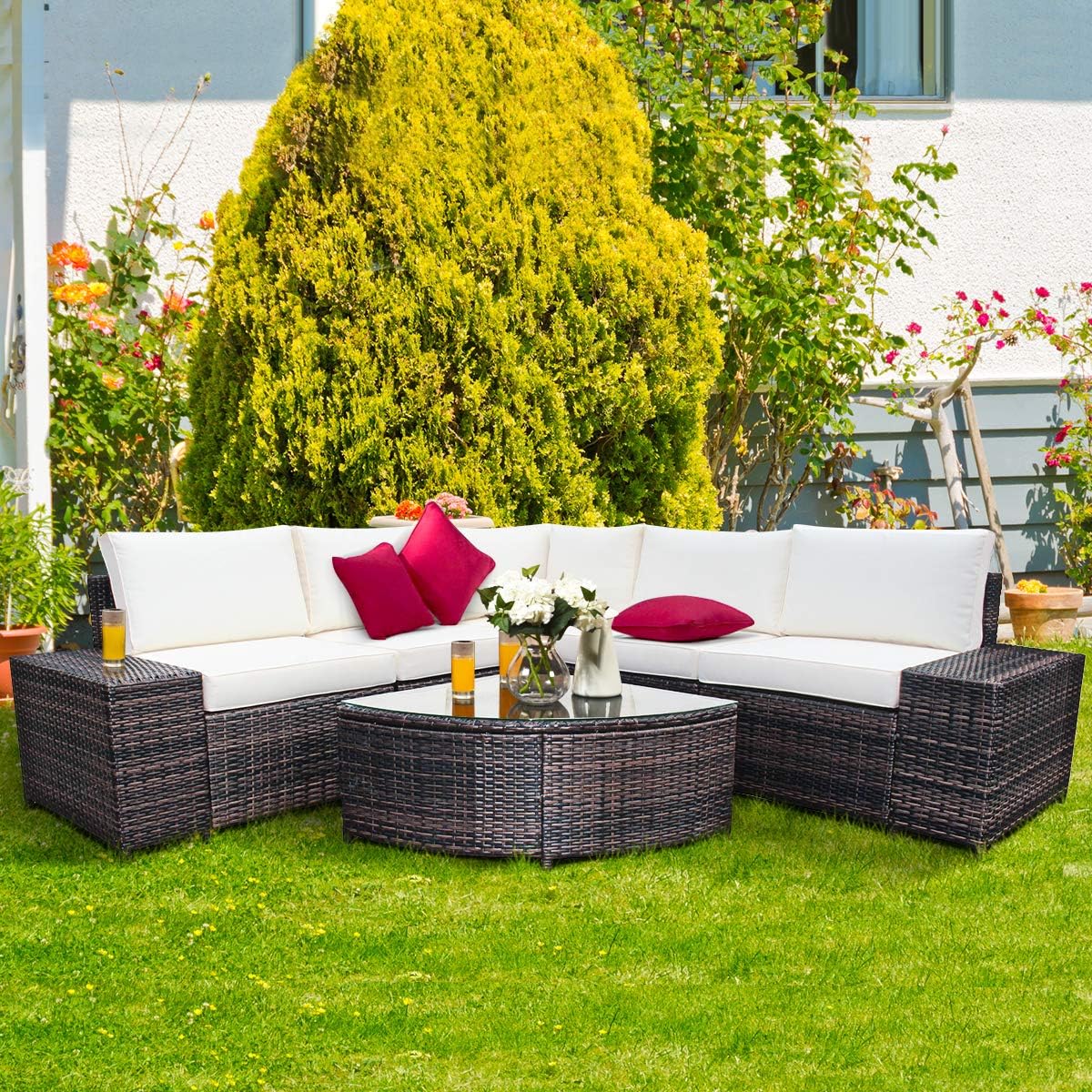 Tangkula 6 Piece Wicker Patio Furniture Set, Outdoor All Weather PE Rattan Conversation Set w/Tempered Glass Coffee Table, Sectional Sofa Set w/Comfortable Cushions for Backyard, Garden (White)