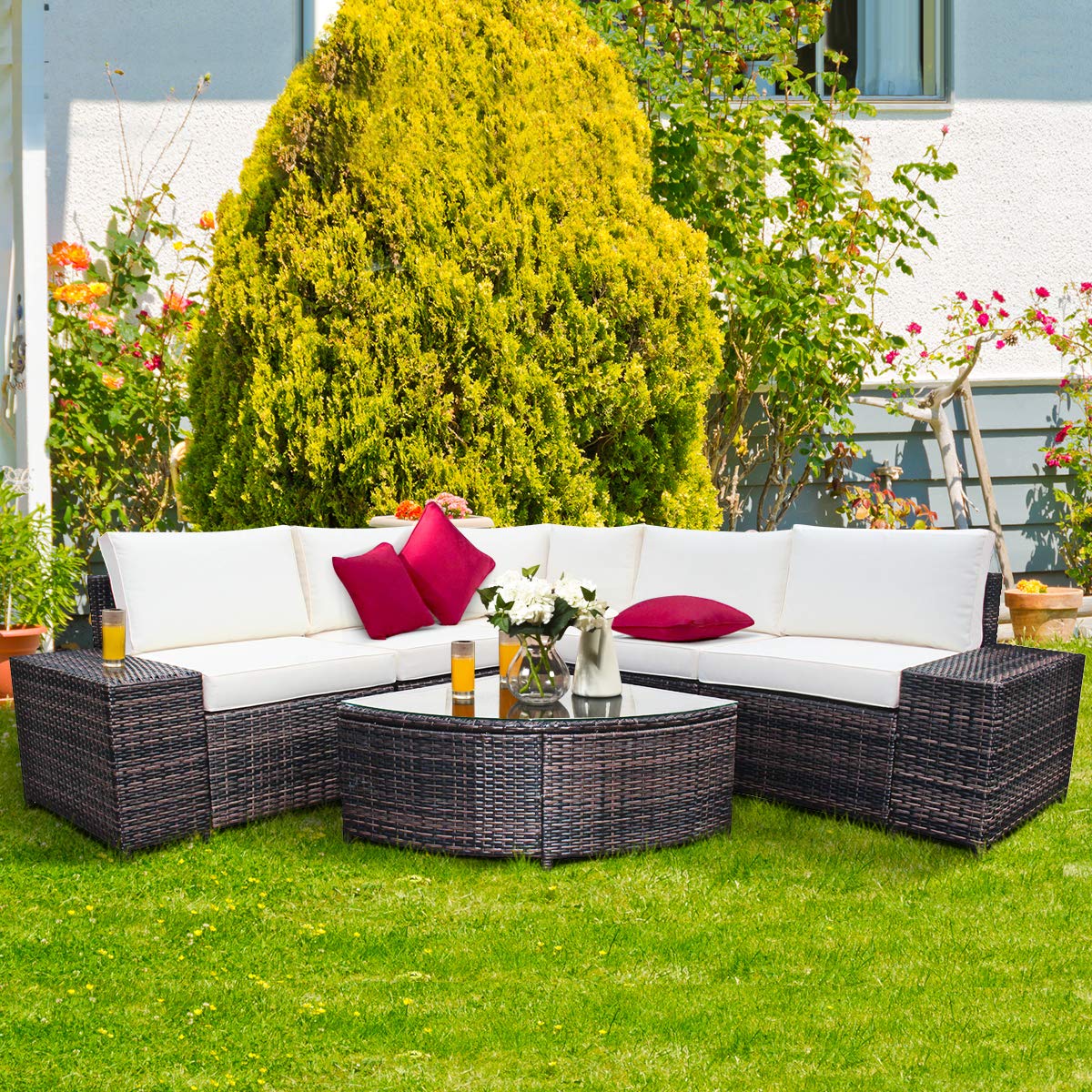 Tangkula 6 Piece Wicker Patio Furniture Set, Outdoor All Weather PE Rattan Conversation Set w/Tempered Glass Coffee Table, Sectional Sofa Set w/Comfortable Cushions for Backyard, Garden (White)