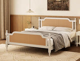 King Bed Frame with Rattan Headboard - Solid Pine Wood Platform