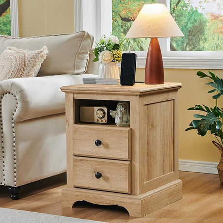 Nightstand with Charging Station, 18 Inch Vintage End Table with 2 Drawers for Living Room,