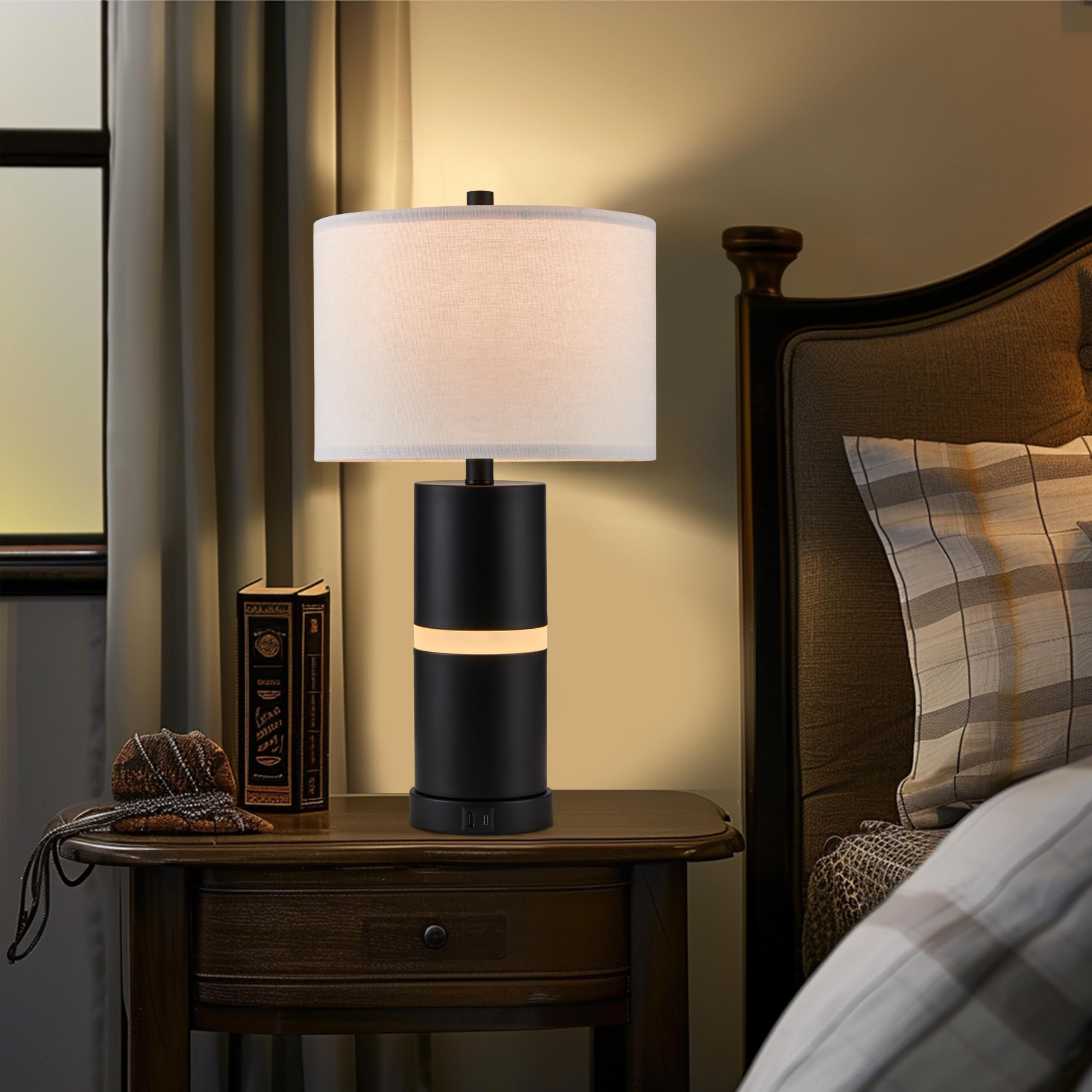 23.25" Black USB Table Lamp Set with Built-in Night Light (Set of 2)