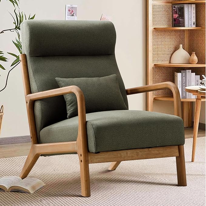 Mid Century Modern Accent Chair with Wood Frame, Upholstered Living Room Chairs