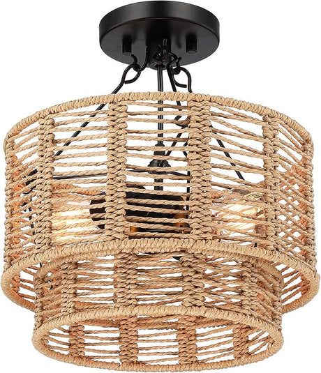 12'' Rattan Ceiling Light Fixtures Boho Chandelier Rattan Semi Flush Mount Ceiling Light