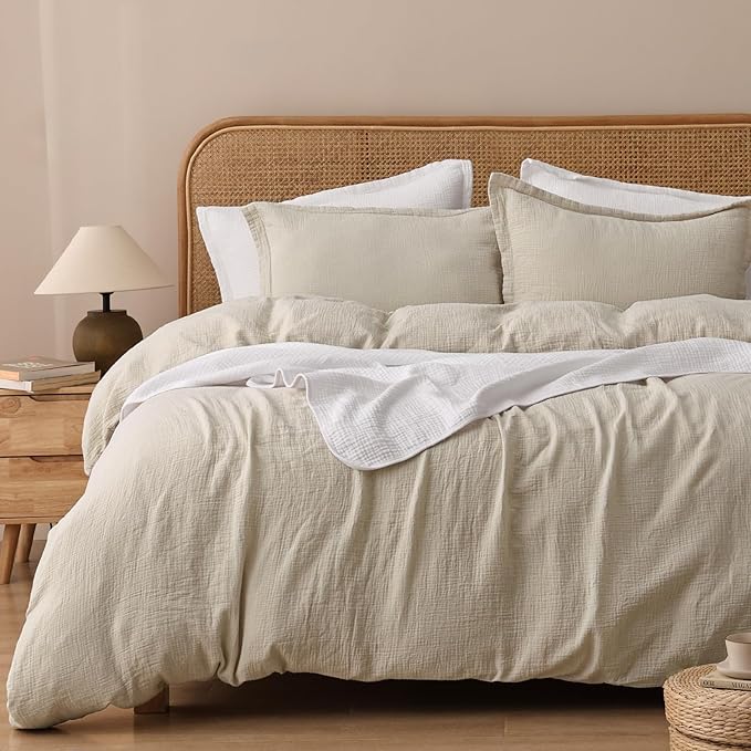 100% Natura Cotton Muslin Duvet Cover Set Queen Size, Ultra Soft Breathable Absorbent