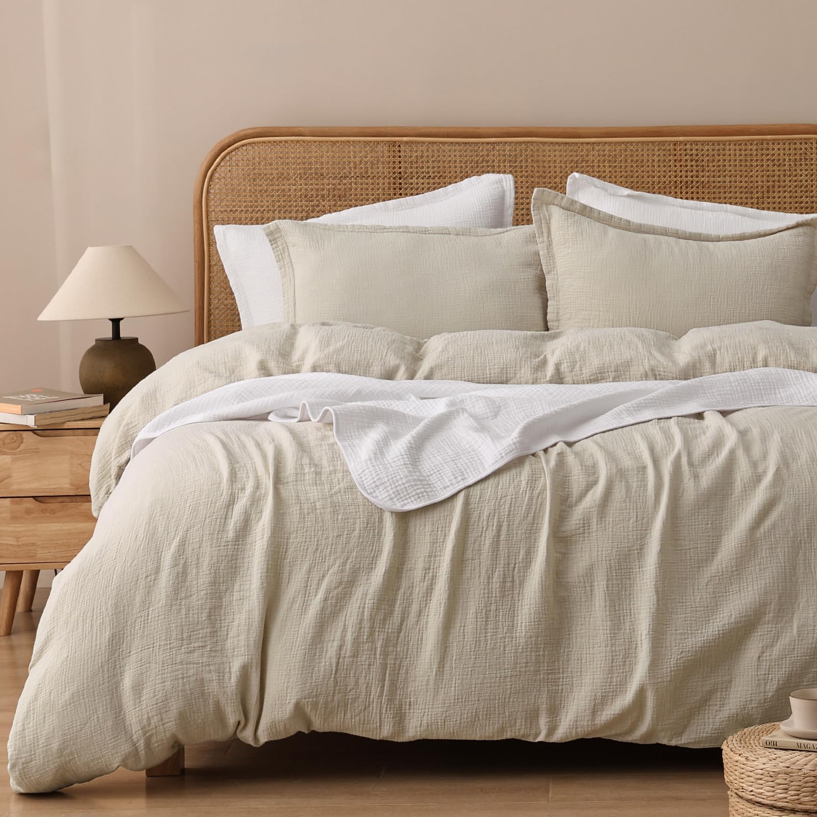 100% Natura Cotton Muslin Duvet Cover Set Queen Size, Ultra Soft Breathable Absorbent