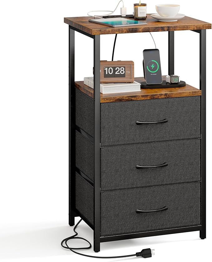 Night Stand with 3 Fabric Drawers, Tall Nightstand for Bedroom, Bedside Table with Charging Station End Table with Storage,