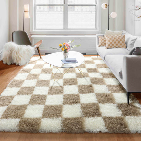 KICMOR 5x8 Beige and Cream White Rugs Living Room Carpets, Large Fluffy Shag Fuzzy Checkered Area Rug for Bedroom Aesthetic, Soft Plush Shaggy Rug for Nursery, Playroom, Teen Dorm Room Home Decor