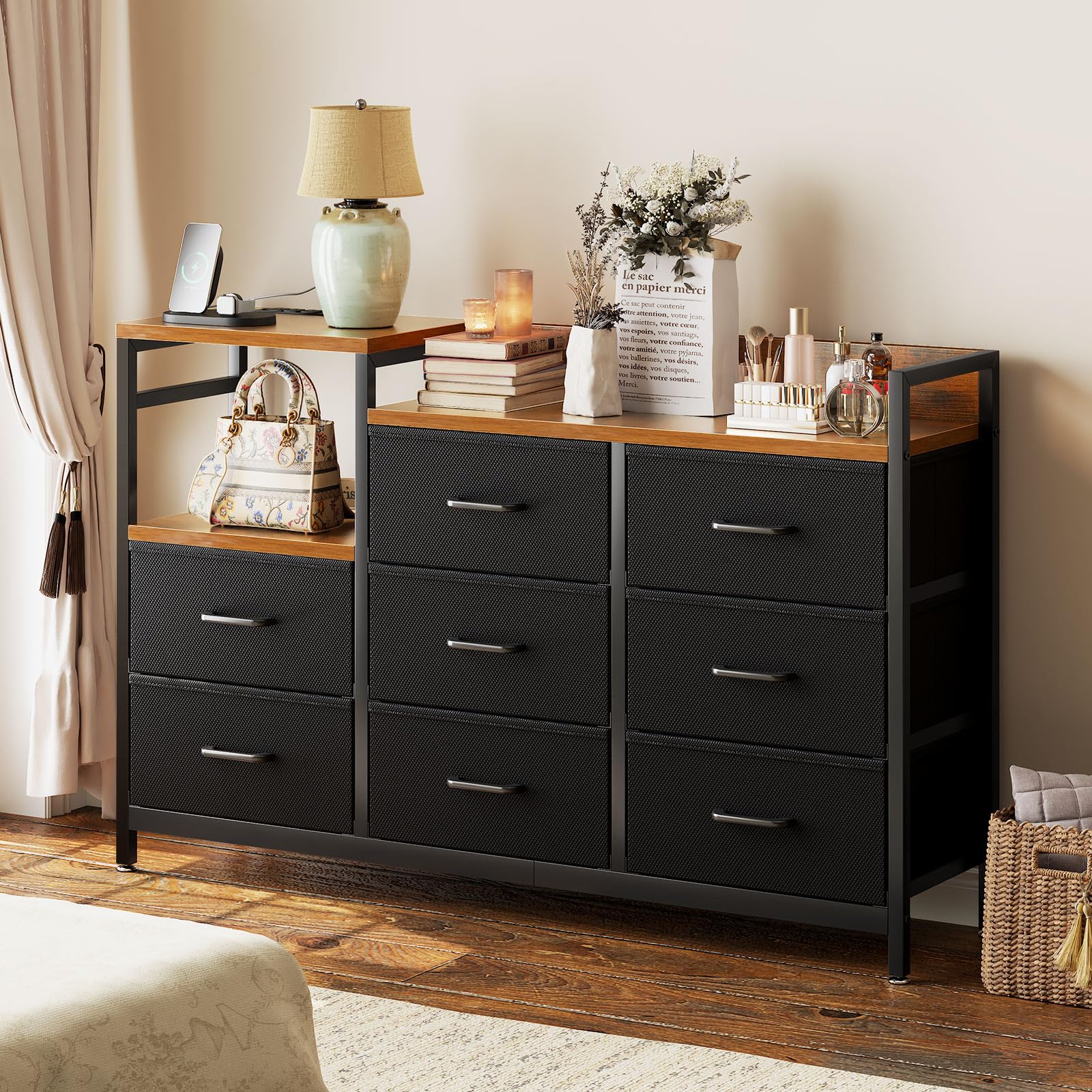 Dresser for Bedroom with Charging Station,  Long Dresser
