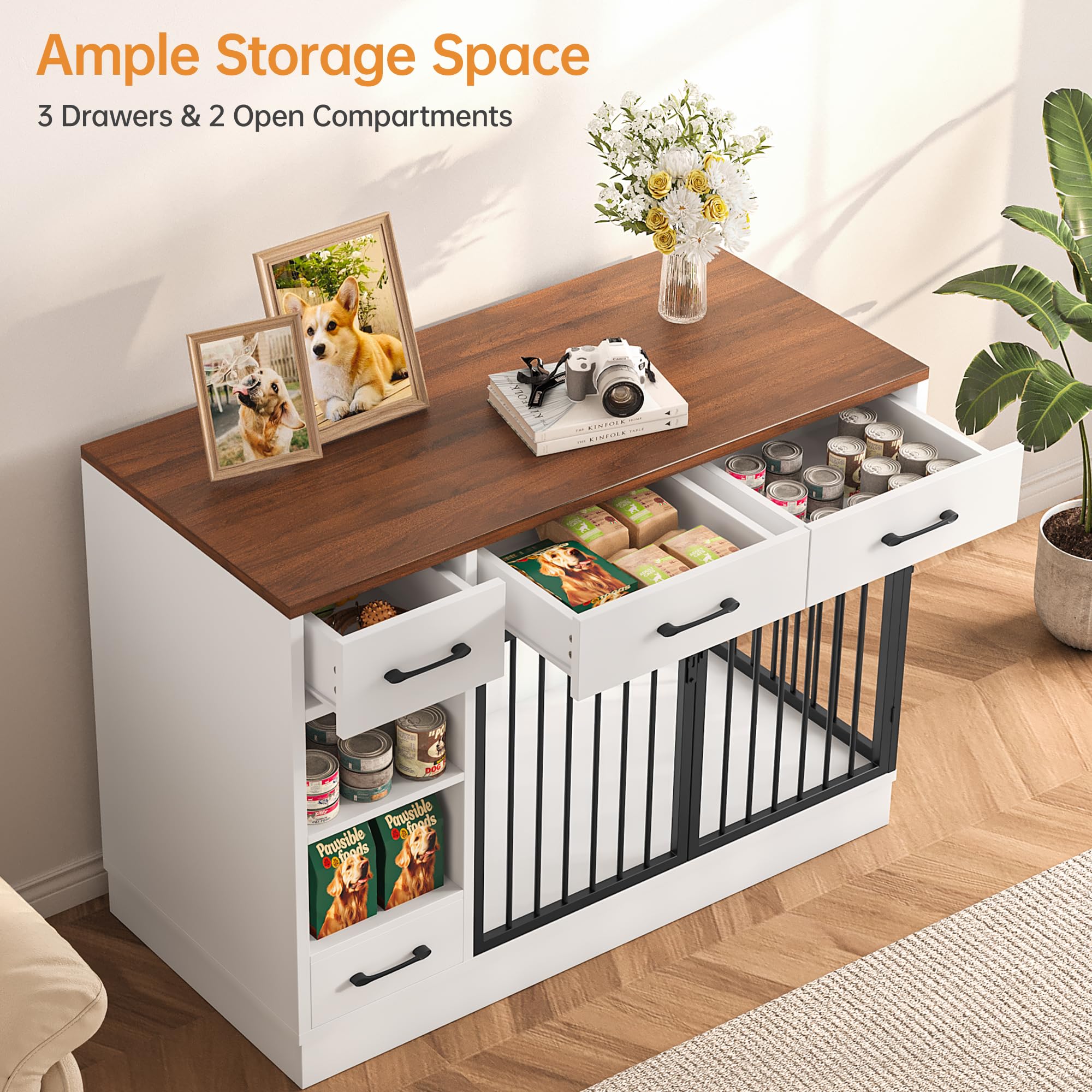 Large Dog Crate Furniture with Storage Drawers - 47.2 Inch Wooden Kennel