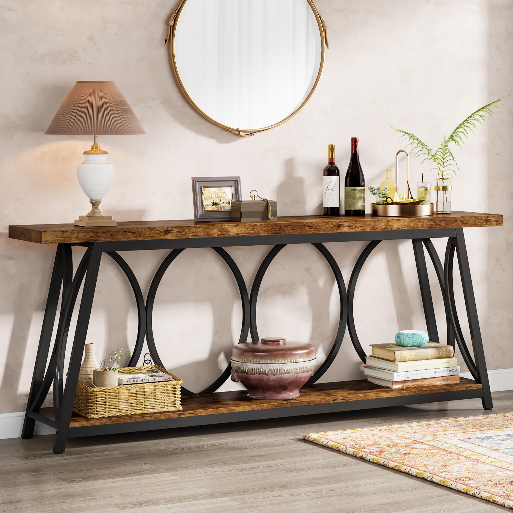 70.9 inch Extra Long Console Table, Industrial Sofa Table Behind Couch with 2 Tier Storage Shelf