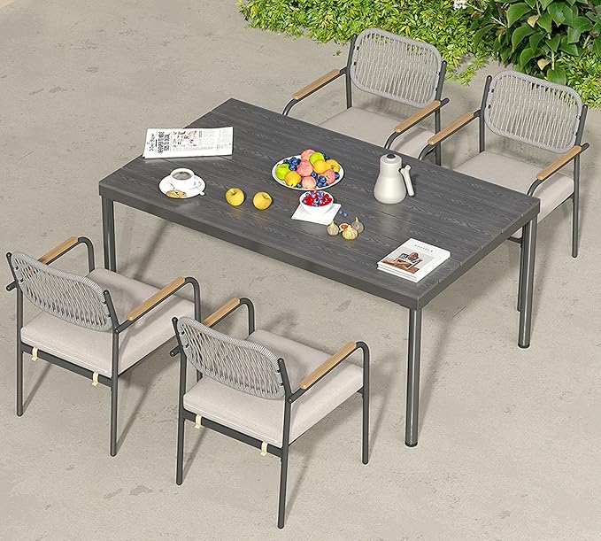 Wicker Outdoor Dining Set for 6, Upholstered 7 Piece Patio Dining Set with Armrests