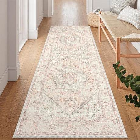 Pink Area Rug 5x7 - Large Oriental Floral Living Room Rug Vintage Non-Slip Indoor Rug Aesthetic for Bedroom, Soft Retro Carpet Print Distressed Accent Rug for Apartment, Pink