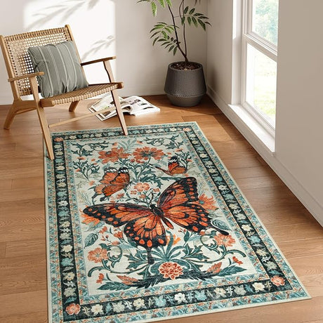 Washable Living Room Rug, Butterfly Area Rugs 5x7 Green Floral Area Rug,