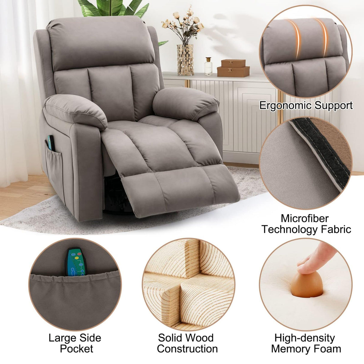 Swivel Rocker Recliner Chair with Heat and Massage, 360 Degree Swivel Rocking Recliner