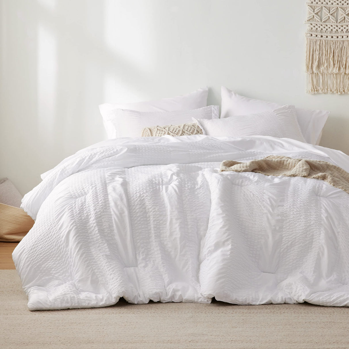 King Comforter Set - 7 Pieces Striped Seersucker Jacquard Comforter Bedding Set