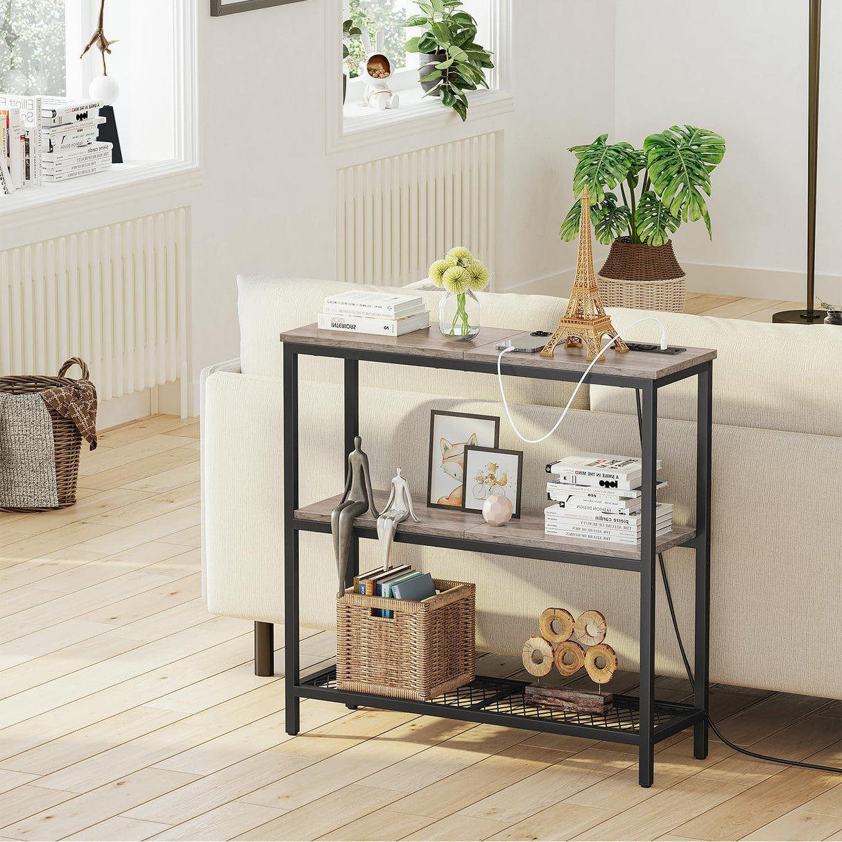 Console Table with Power Outlets, Entryway Table with Storage, Narrow Sofa Table