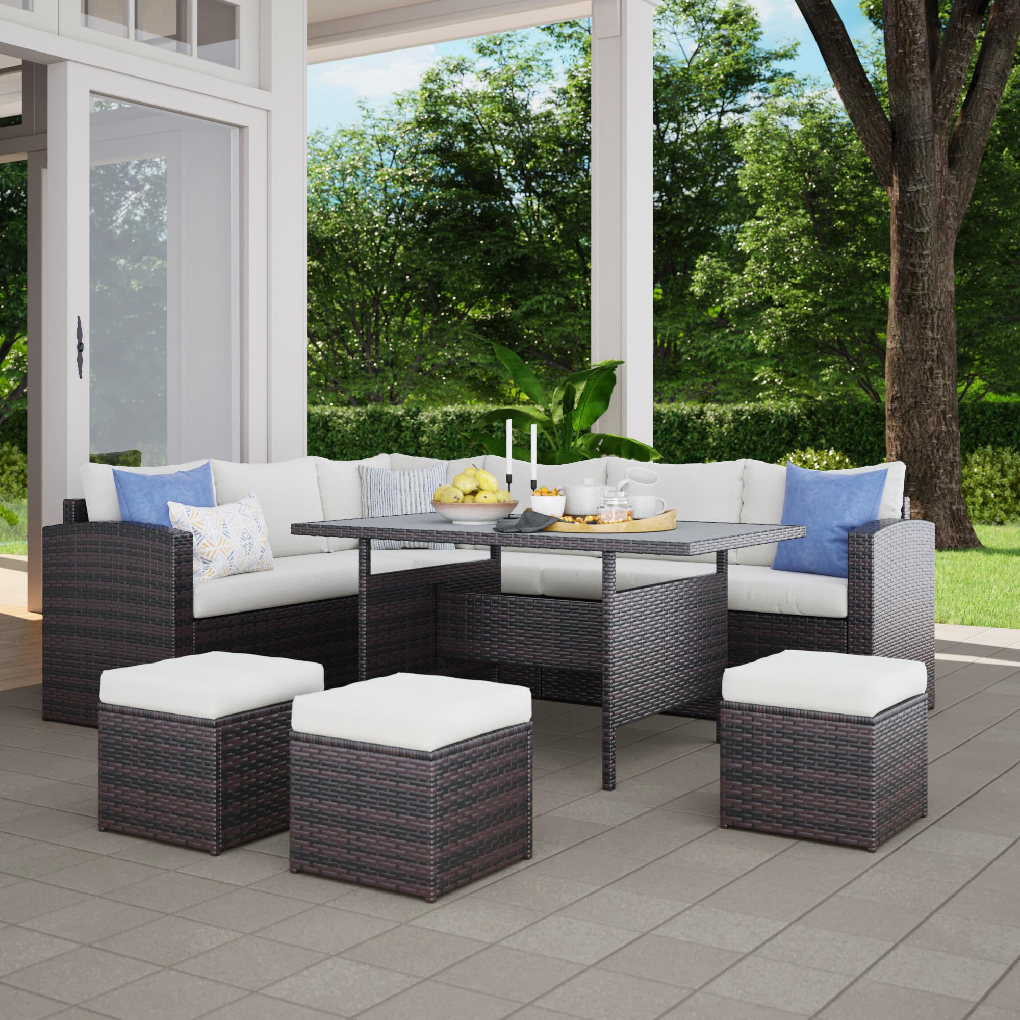 Solaste 7 Piece Patio Furniture Set, All Weather Wicker Patio Conversation Sets with Cushion Seat & Pillows, Outdoor Dining Set, Patio Furniture Outdoor Sectional, Grey