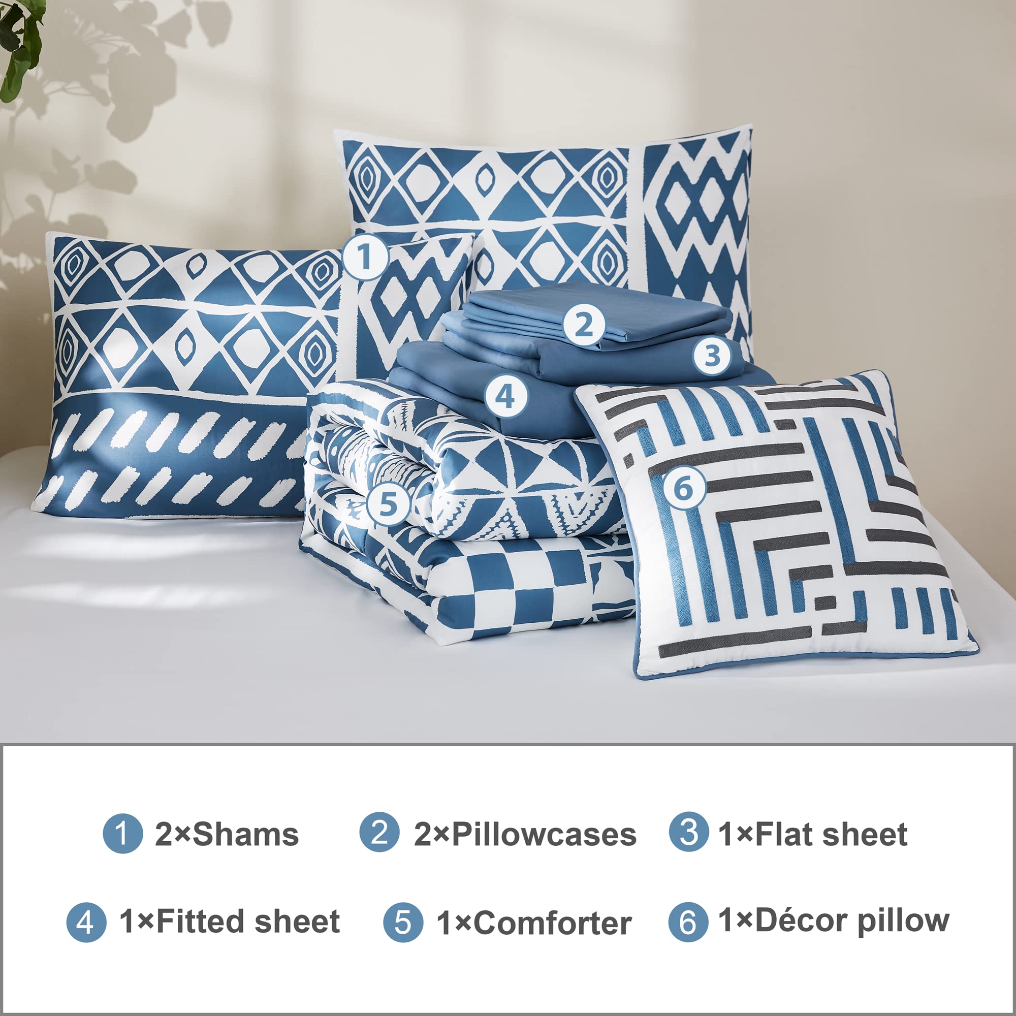 Geniospin King Size Comforter Sets, Boho Bedding Set 8 Pieces, All Season Down Alternative Comforter Set, Reversible Bedding with Soft Microfiber Fill Bedding, Lightweight (Blue, 102x90 inches)