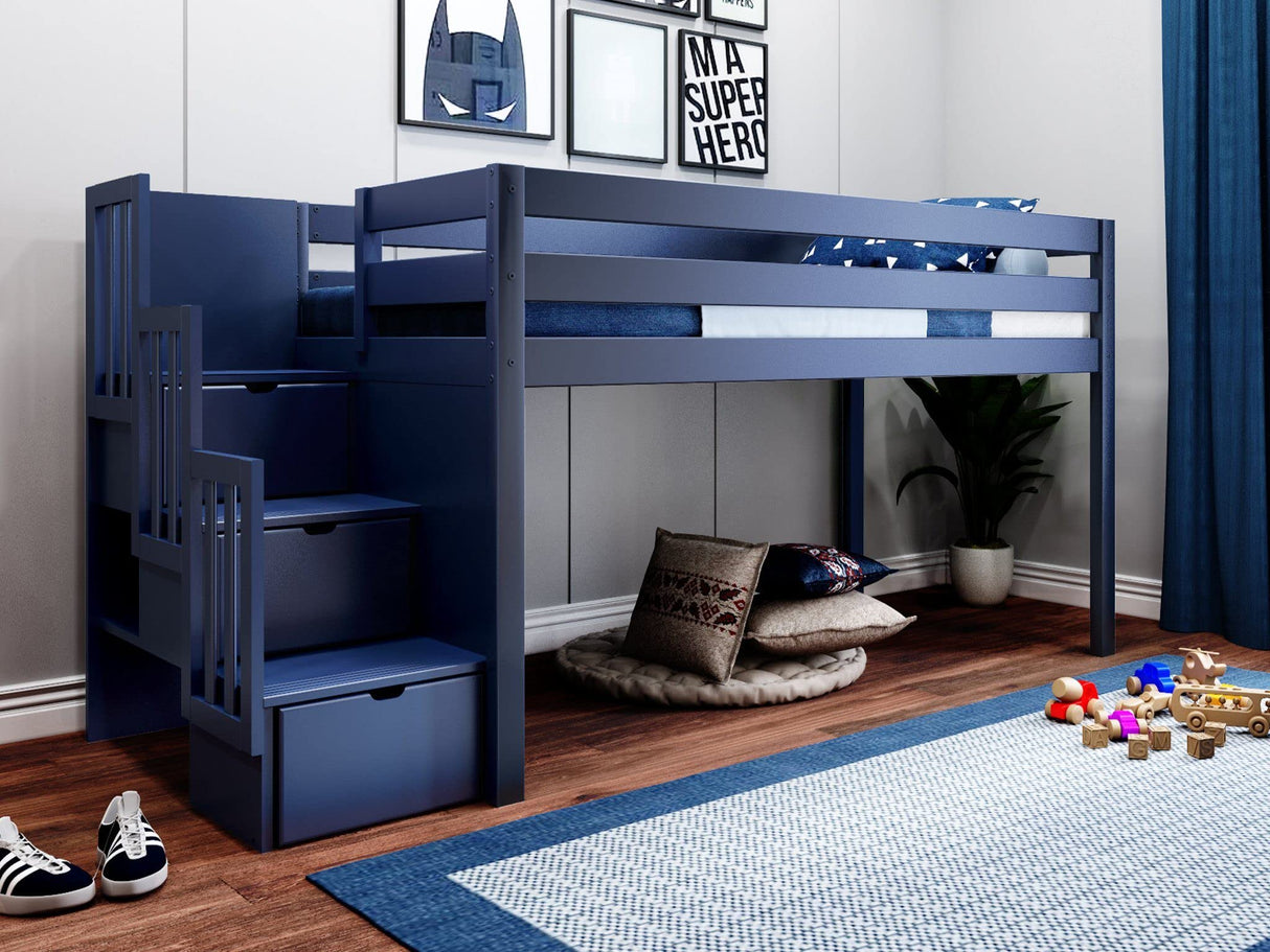 Contemporary Low Loft Twin Bed with a 3 Drawer Stairway, Blue