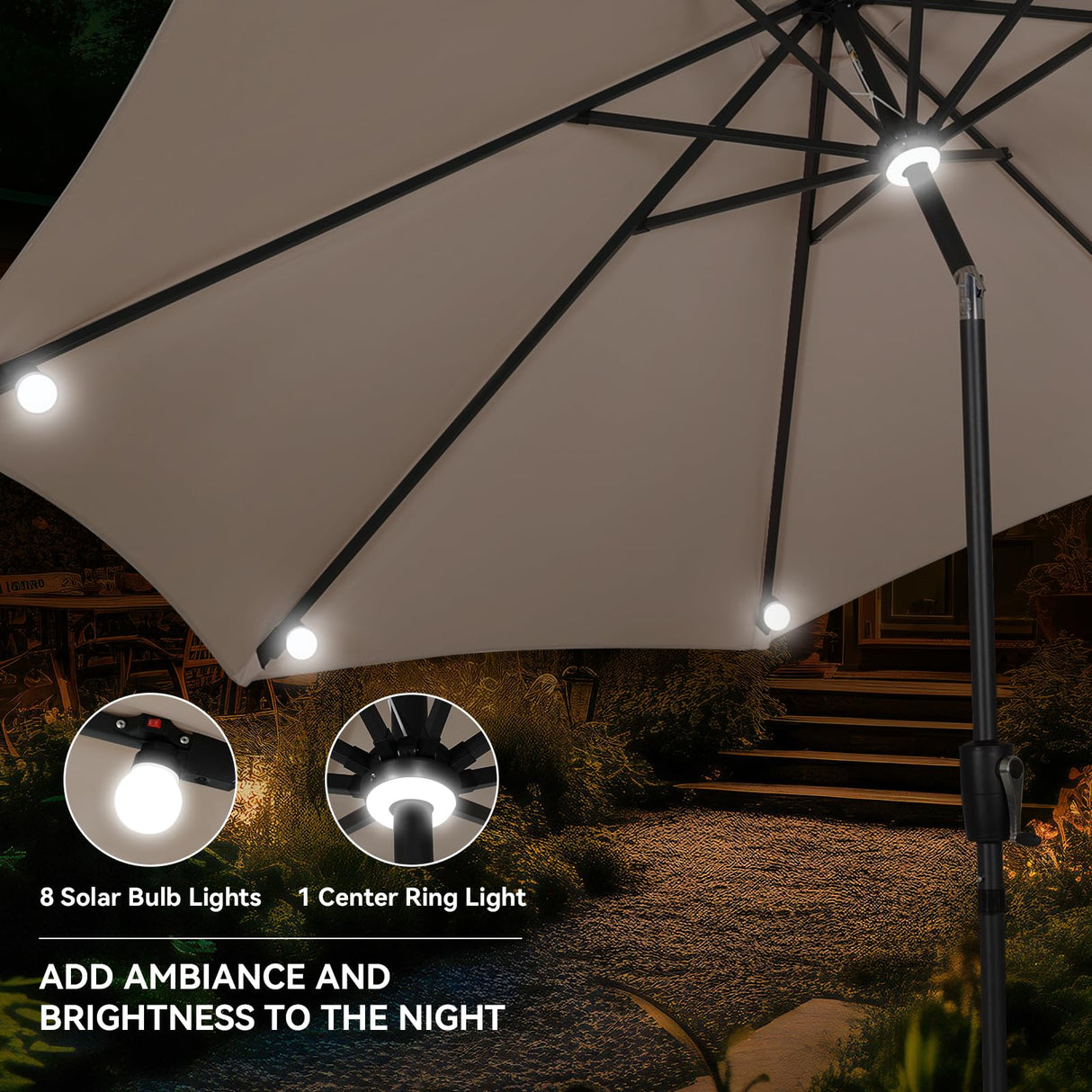 9.5‘ Outdoor Patio Umbrella, Solar LED Bulb Lighted Patio Umbrella with 8 Ribs