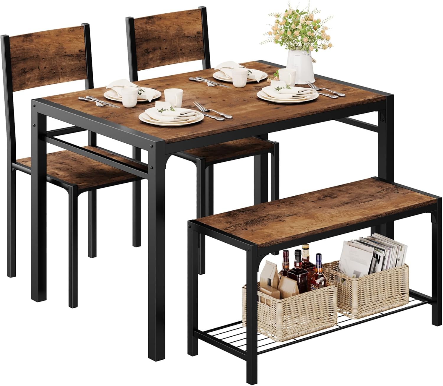 4-Piece Dining Set with Table, Bench & 2 Chairs - Dark Grey