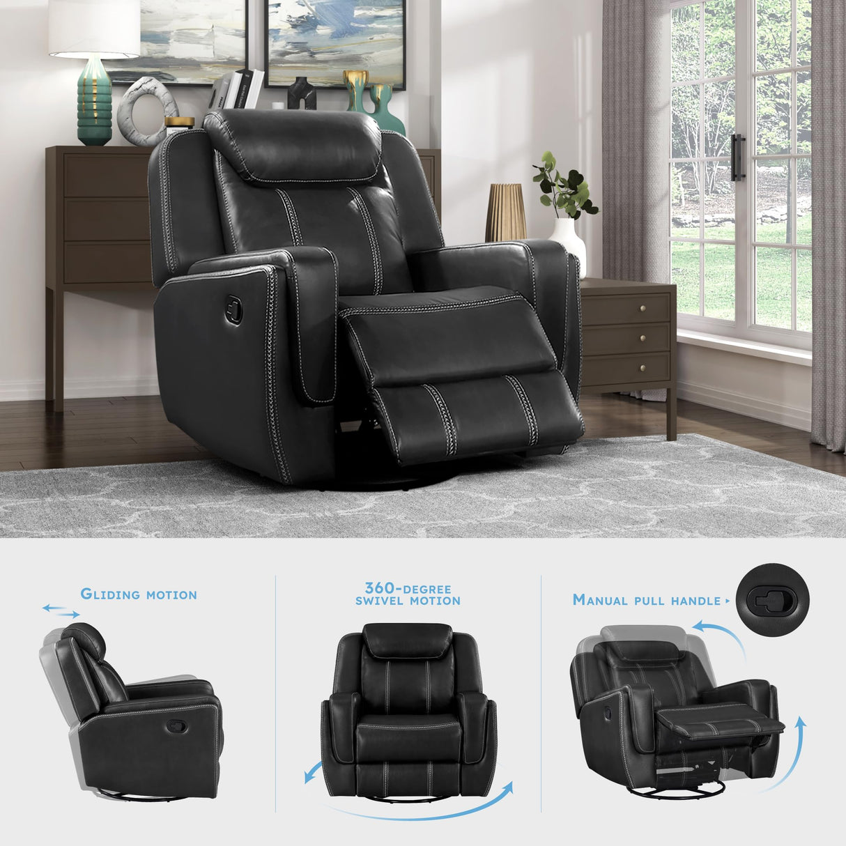 Swivel Glider Recliner Chair, Nursery Glider, Faux Leather Recliner Chair with Headrest, Manual Recliner Sofa Chair for Living Room/Office/Apartment, Black