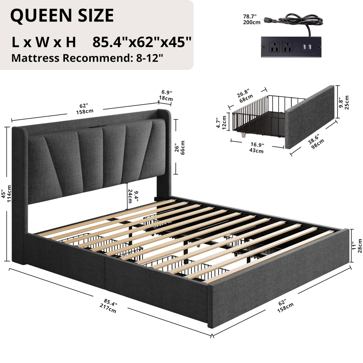 LIKIMIO Queen Bed Frame with Upholstered Headboard, Platform Bed with Storage Drawers and Outlets, Sturdy, Noiseless, No Box Spring Needed, Easy Assembly, Dark Gray