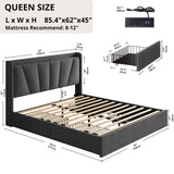 LIKIMIO Queen Bed Frame with Upholstered Headboard, Platform Bed with Storage Drawers and Outlets, Sturdy, Noiseless, No Box Spring Needed, Easy Assembly, Dark Gray