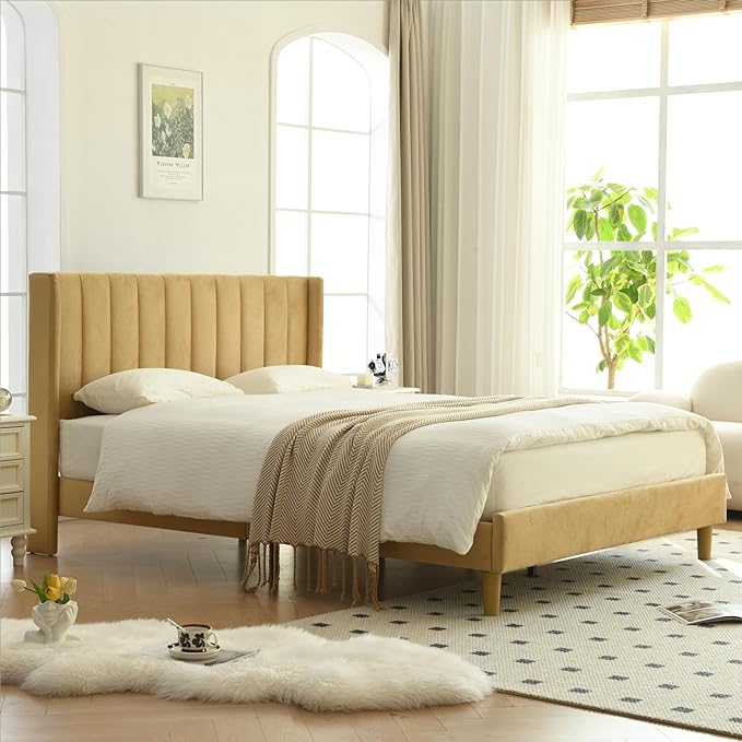 Modern Upholstered Bed Frame with Double Wingback Headboard