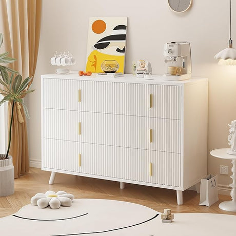 White Dresser for Bedroom, 6 Drawer Dresser Chests of Drawers with Waveform Fluted Panel