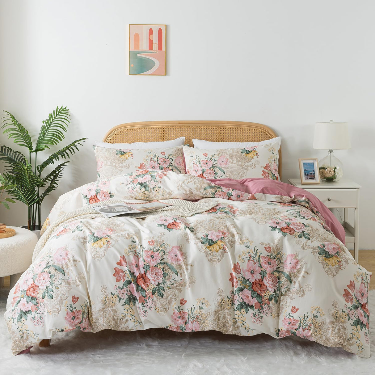 Shabby Floral Duvet Cover Set King Size 100% Cotton Pink Flower Bedding Retro Blush