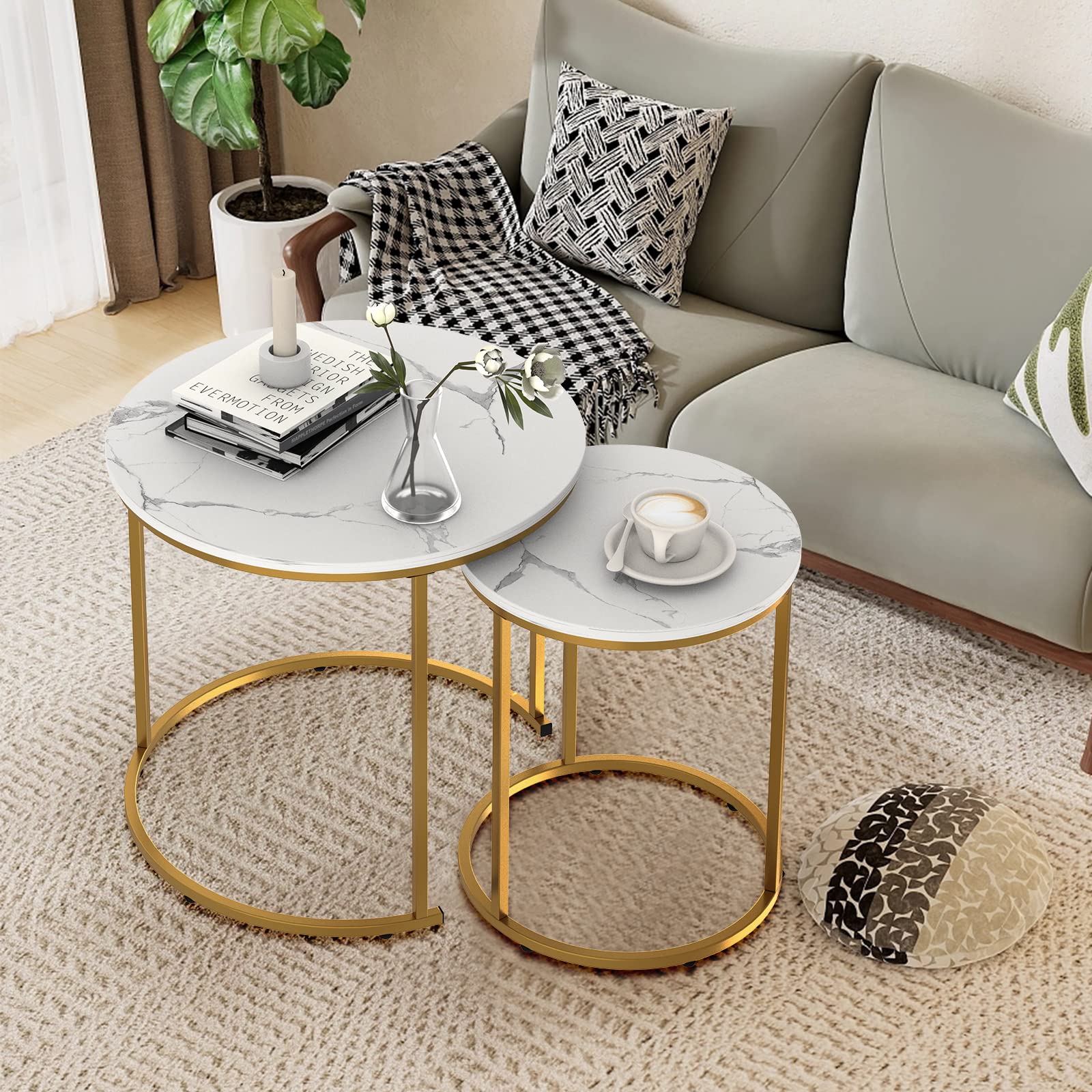 Nesting Coffee Table Faux White Marble for Small Place 24 in 2 Sets High Side End Sofa Table