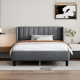 Bed Frame Queen Upholstered Platform Bed with Fabric Headboard, Wing Edge Design