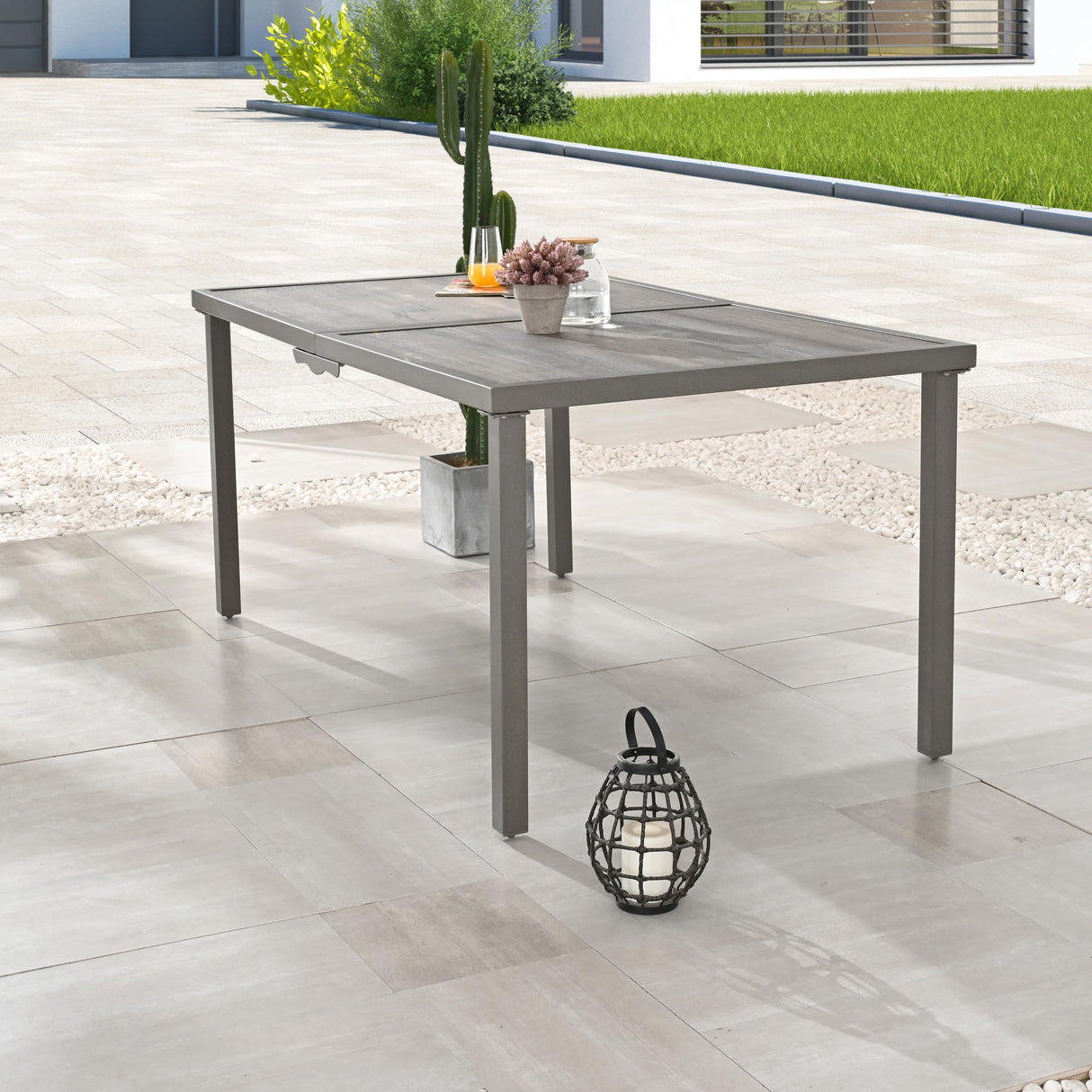 Outdoor Patio Dining Table Rectangular with Wood-Like Tabletop and Powder
