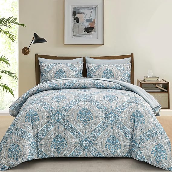 Blue Comforter Set  Damask Pattern Bed in a Bag Boho Paisley Bedding