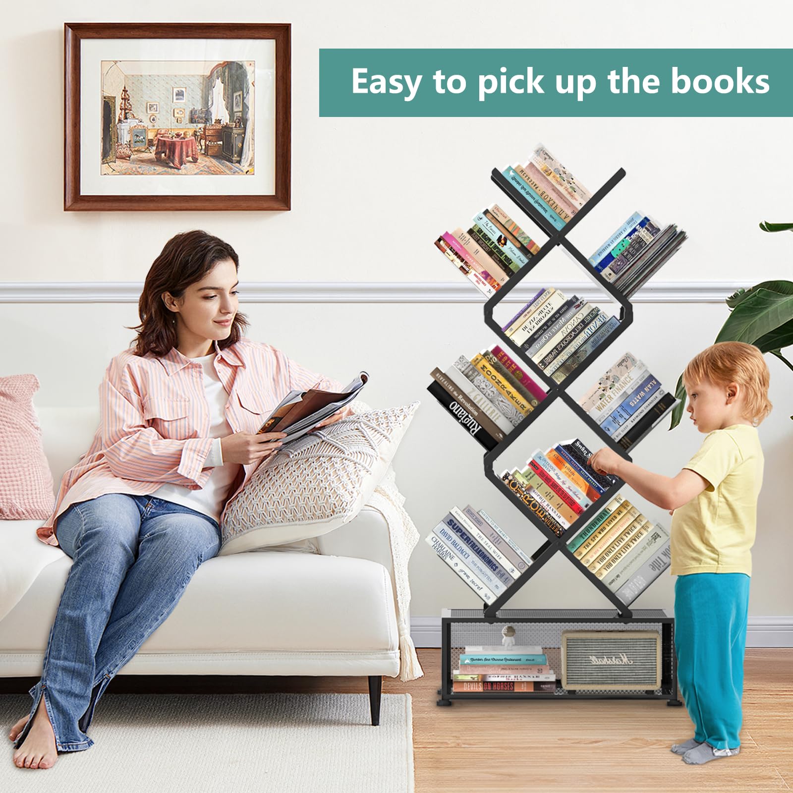 HI NINGER Folding Bookshelf,9 Tier Tree Bookshelf with Storage Cabinet,Stylish Design Metal Bookshelf for Display of CDs,Books in Living Room,Home Office,Tall Floor Standing Book Organizer for Bedroom