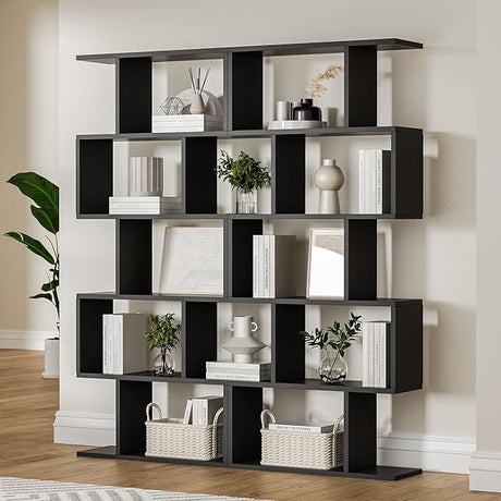 White 5-Tier Geometric Bookcase, S-Shaped Modern Bookshelf Set of 2, 62.6" Tall Room