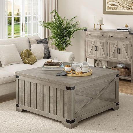 35.4" Square Coffee Table with Storage, Farmhouse Center Table with Hinged Lift Top